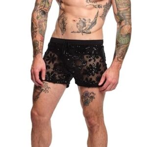 Skull & Bones Floral Skull Sequin Black Short NWT
